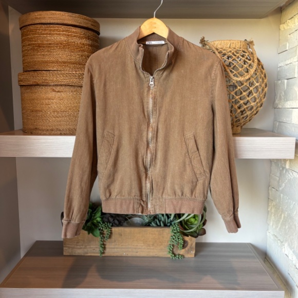 ZARA Linen Bomber Jacket Tan - Picture 2 of 6